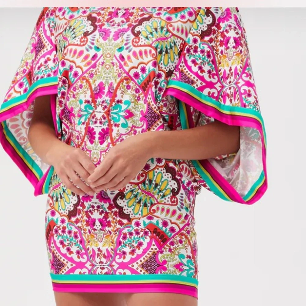 Trina Turk NWT Pink & Green Hawaiian Garden Boatneck Tunic Swim Cover Mini Dress - Picture 2 of 16